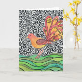 ファンキーな鳥の挨拶状 カード (黄色い花)