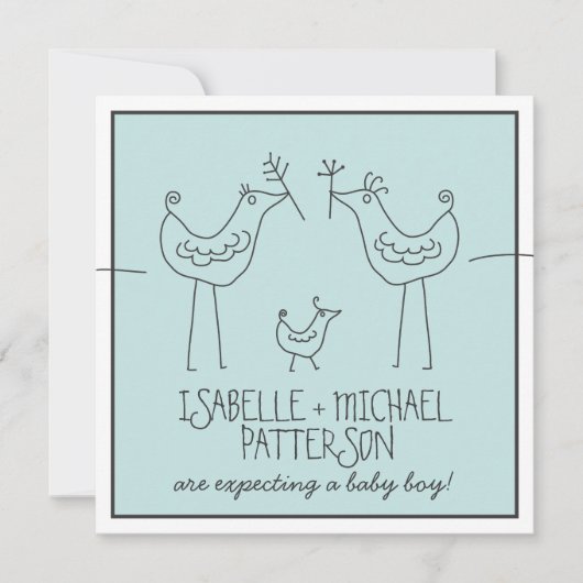 ファンキーな鳥の現代家族ペア 赤ちゃん男の子のシャワーパーティー 招待状 (正面)