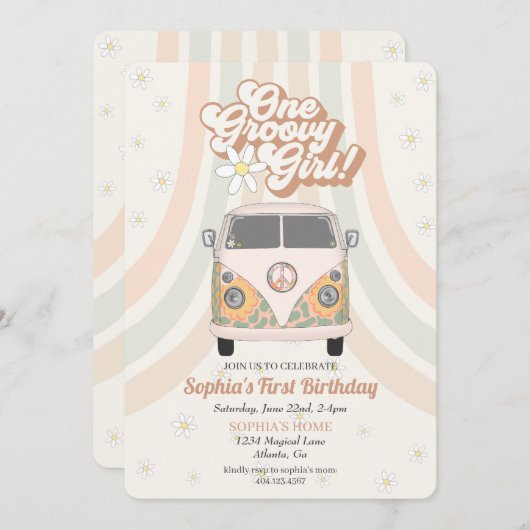 ファンキーな1歳の誕生日、70年代レトロテーマの招待状 (正面/裏面)