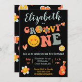 ファンキーな1歳児、ヒッピーの花のファーストバースデーパーティー 招待状 (正面/裏面)