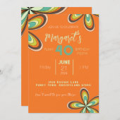 ファンキーオレンジ40歳誕生日パーティー 70年代ヒッピーフラワー 招待状 (正面/裏面)