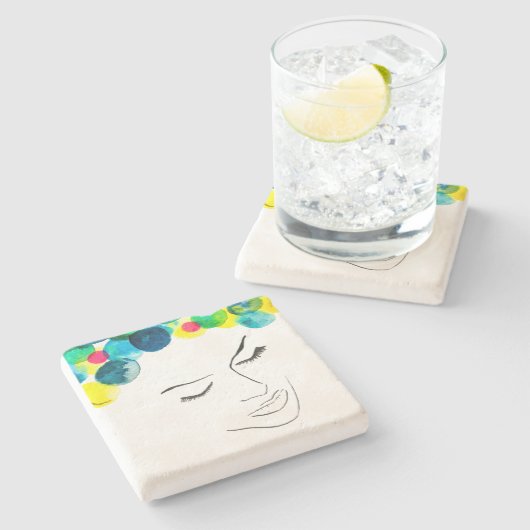 ファンキーカラフルヘアガール水彩 ストーンコースター (横)