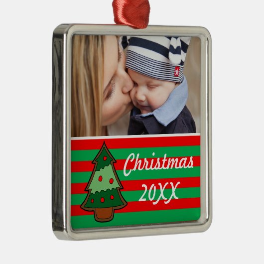ファンキークリスマスの木とストライプのカスタム写真 メタルオーナメント (右)