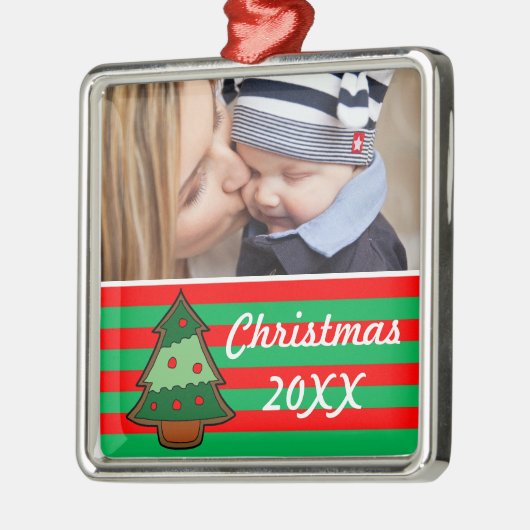 ファンキークリスマスの木とストライプのカスタム写真 メタルオーナメント (左)