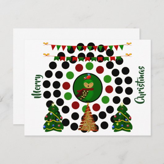 ファンキークリスマスツリーフクロウ水玉模様 シーズンポストカード (正面/裏面)