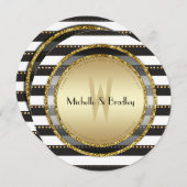 ファンキーストライプ白黒と金ゴールドラウンド結婚ズ 招待状 (正面/裏面)