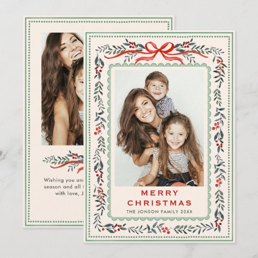 ファンキーセージグリーンのクリスマスリボン 2枚 写真 シーズンカード (正面/裏面)