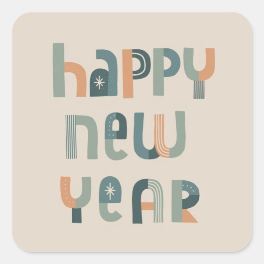 ファンキータイポグラフィハッピーニューイヤーデザイン スクエアシール (正面)