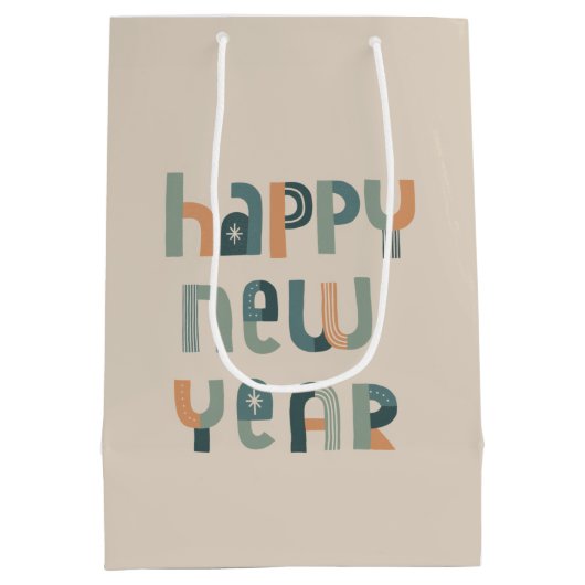 ファンキータイポグラフィハッピーニューイヤーデザイン ミディアムペーパーバッグ (裏面)