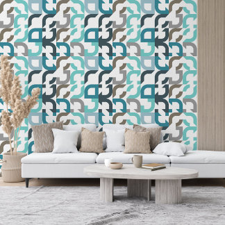 ファンキーティール(緑がかった色)ブルーブラウングレーレトロアートパターン 壁紙