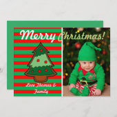 ファンキーフェスティバルツリーと小妖精や小人ストライプの写真カスタム シーズンカード (正面/裏面)