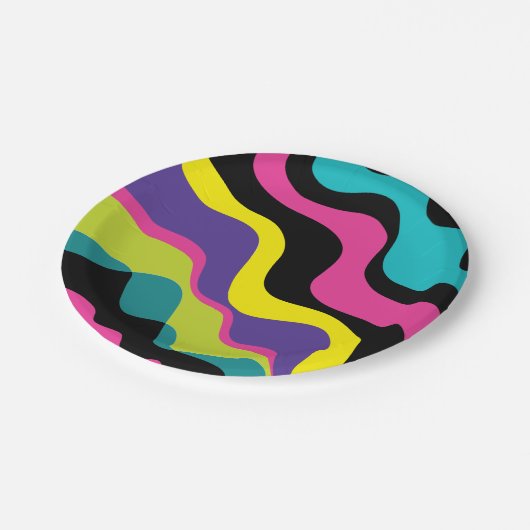 ファンキーレトロカラー波形ポップ・アートのパターン90のパーティー ペーパープレート (アングル)