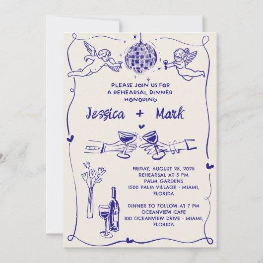 ファンキーレトロハンドドロー結婚ドのリハーサルディナー 招待状 (正面)