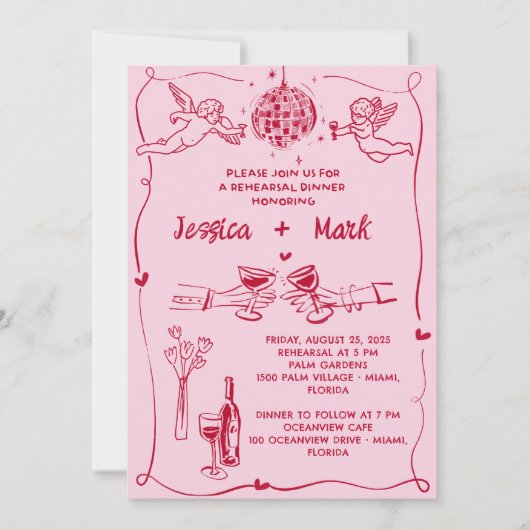 ファンキーレトロハンドドロー結婚ドのリハーサルディナー 招待状 (正面)