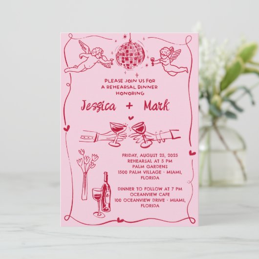 ファンキーレトロハンドドロー結婚ドのリハーサルディナー 招待状 (スタンド正面)