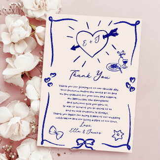 ファンキーレトロハンドドロー結婚ド青のサンキューカード 招待状