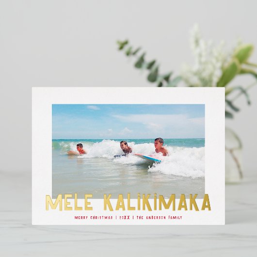 ファンキーレトロ型ハワイアンクリスマスフォト金ゴールド 箔シーズンカード (立ち正面)