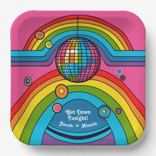 ファンキーレトロ70のディスコレインボーグルーヴィー鏡ボール ペーパープレート (正面)