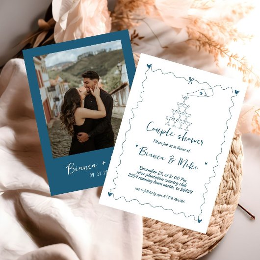 ファンキー手書きシャンパンタワーカップルのシャワー 招待状