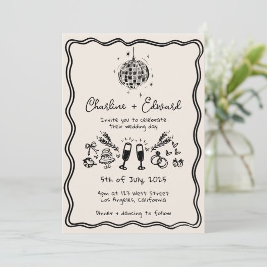 ファンキー手書きワ縁どイブディスコ結婚の 招待状 (スタンド正面)