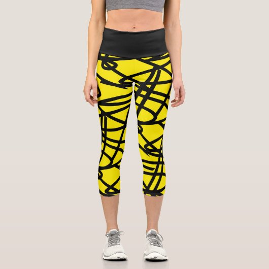 ファンキー抽象芸術アートイエローブラックレギンス カプリレギンス (正面)