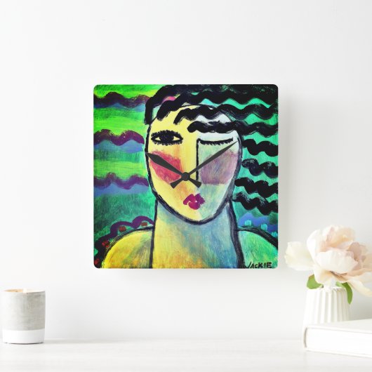 ファンキー抽象芸術ポートレート スクエア壁時計 (ホーム)