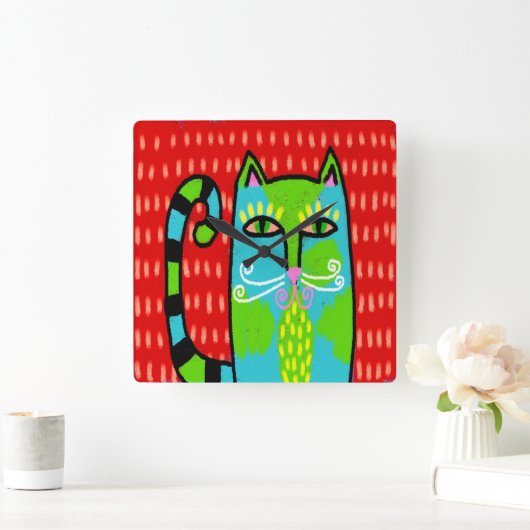 ファンキー抽象芸術猫 スクエア壁時計 (ホーム)