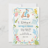 ファンキー描イタリアンスクーターの新郎新婦結婚 招待状 (正面)