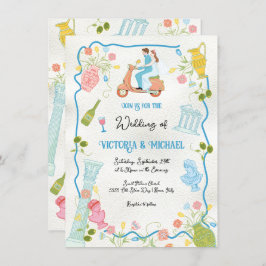 ファンキー描イタリアンスクーターの新郎新婦結婚 招待状