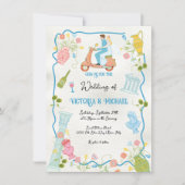 ファンキー描イタリアンスクーターの新郎新婦結婚 招待状 (正面)