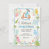 ファンキー描イタリアンスクーターの新郎新婦結婚 招待状 (正面)