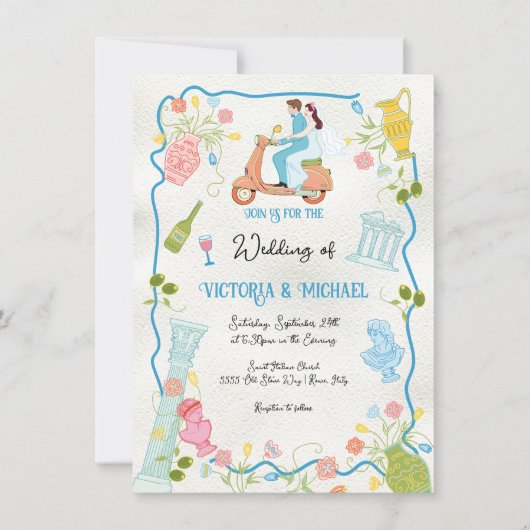 ファンキー描イタリアンスクーターの新郎新婦結婚 招待状 (正面)