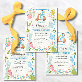 ファンキー描イタリアンスクーターの新郎新婦結婚 招待状