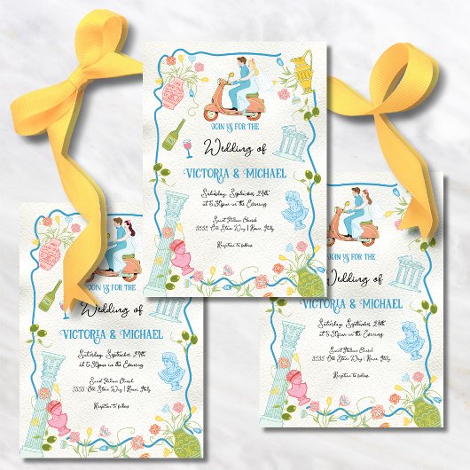 ファンキー描イタリアンスクーターの新郎新婦結婚 招待状