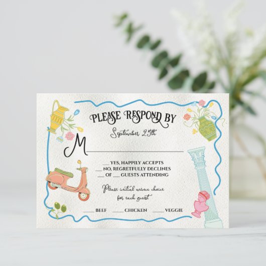 ファンキー描イタリアン地中海のギリシャRSVPカード 招待状 (スタンド正面)