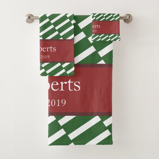 ファンキー緑のパターンファミリ名と年モダン バスタオルセット (インサイチュ)