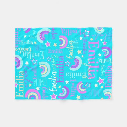 ファンキー虹の星アクア女の子の名前カラフル フリースブランケット (正面(横))
