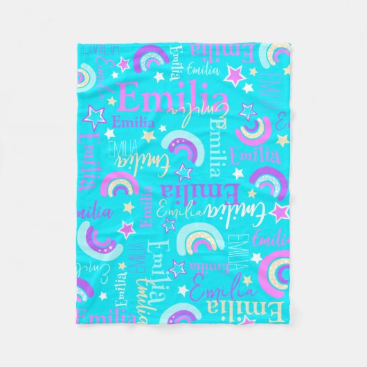 ファンキー虹の星アクア女の子の名前カラフル フリースブランケット (正面)