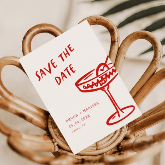 ファンキー +おもしろい赤モダンレトロ図解入りの、写真付きの結婚の セーブザデート