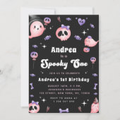 ファンキー・スポーキー・ワン&ピンク・ゴースト・ガール 1歳の誕生日 招待状 (正面)