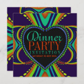 ファンキー・ボヘミアンのディナーパーティーブルーグリーン 招待状 (正面/裏面)