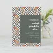 ファンキー レトロ ボーホー グリーン チェック柄 バット ミッツヴァ 招待状 (スタンド正面)