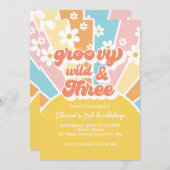 ファンキー ワイルド スリー レトロ サンシャイン レインボー デイジー 招待状 (正面/裏面)