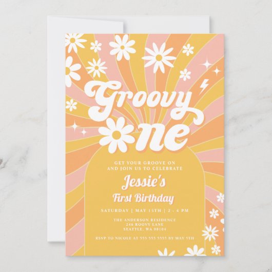 ファンキー ワンピンクのデイジー サンシャイン 70年代 1歳の誕生日 招待状 (正面)