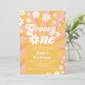 ファンキー ワンピンクのデイジー サンシャイン 70年代 1歳の誕生日 招待状 (スタンド正面)