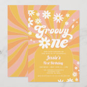 ファンキー ワンピンクのデイジー サンシャイン 70年代 1歳の誕生日 招待状 (正面/裏面)