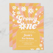 ファンキー ワンピンクのデイジー サンシャイン 70's 1歳の誕生日 招待状 (正面/裏面)