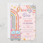 ファンキー ワン レトロ デイジー 1歳の誕生日パーティー 招待状 (正面)