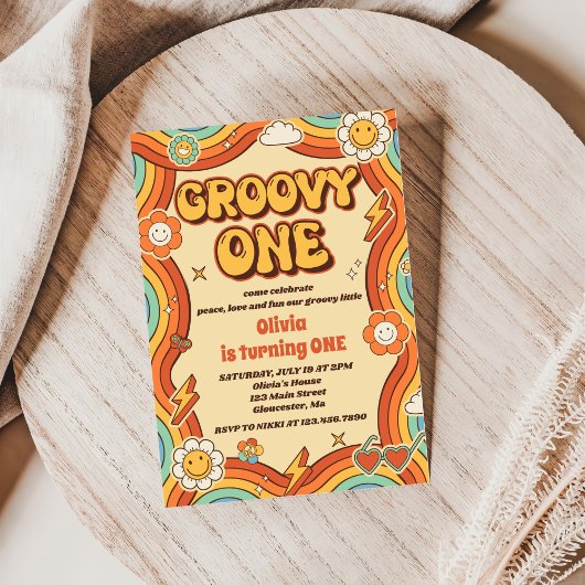 ファンキー ワン レトロ レインボー 1歳の誕生日パーティー 招待状