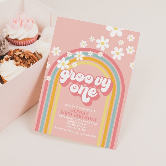 ファンキー・ワン  レトロ・レインボー 1歳の誕生日 招待状